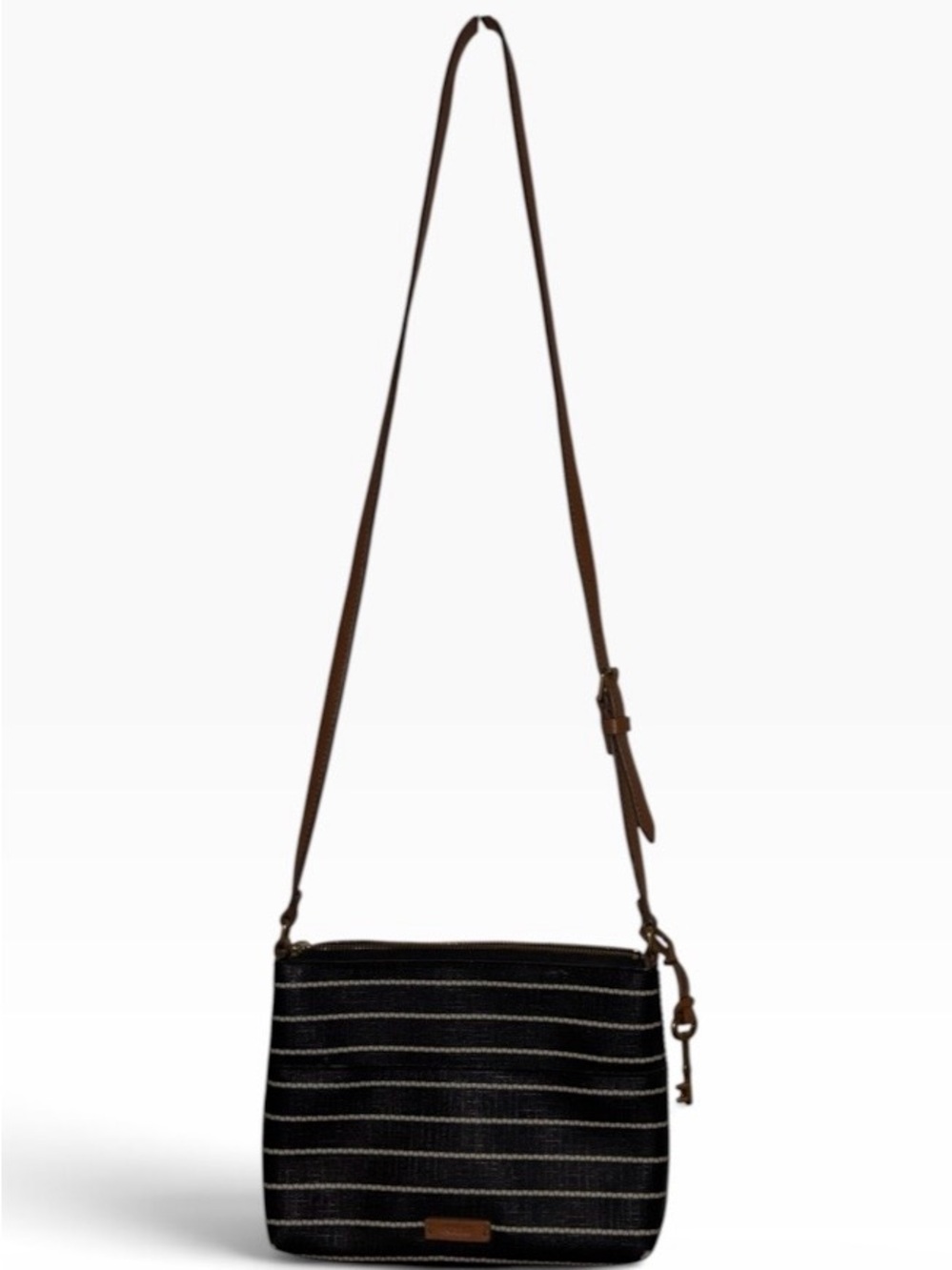 Like New Fossil Devon Black & White Heart Striped Crossbody Bag